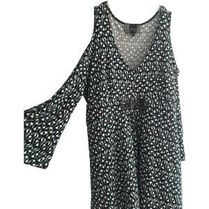 Slinky Brand Large Peek Shoulder Bell Sleeves Asymmetrical Hem Black & Green Top